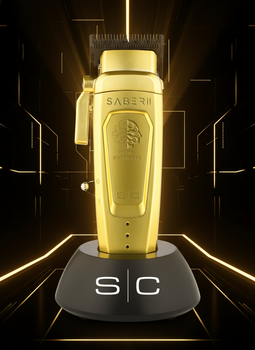 Gold and black hair trimmer with 'Saberi' branding on a white background